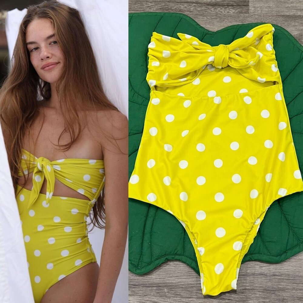 Mikoh Womens XL Lana Yellow Polka Dot Strapless Tie Front One Piece Swimsuit